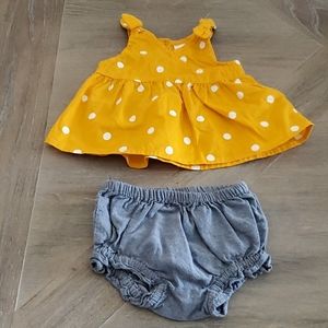 Baby girl yellow poka dot shirt and jean bloomer